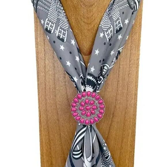 Western Round Silver Tone with Hot Pink Stones Wild Rag Scarf Slide - Picture 1 of 3